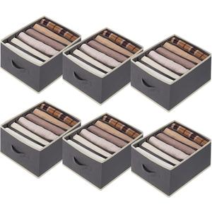 6 Pcs Large Size Wardrobe Clothes Organizers 6 Grids for Pants, Jeans, Sweater, T-shirt, Dress Stackable Closet Drawer Organizer Storage Bin Container with Sturdy Handles, Dark Grey
