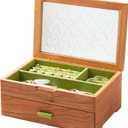 Wooden Jewelry Box, Large Size Case, Natural Solid Cherry Wood Vintage Trinket Organizer with 2-Layer Storage, Drawer, Ring Compartments, Necklace Hooks, Glass Lid, ek06-b-cherry