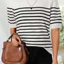 2 x ZESICA Women's Casual Striped Tops Short Sleeve Crew Neck Ribbed Knit T Shirts Comfy Loose Basic Pullover Sweater (White, M)