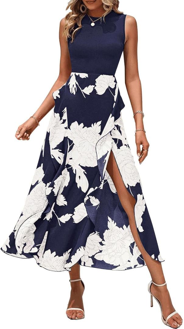 BTFBM Women Casual Sleeveless Summer Dresses 2025 Spring Crewneck Patchwork Boho Floral Ruffle Cocktail Party Midi Dress (Blue, M)