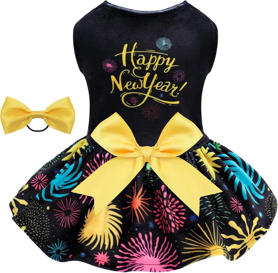 CuteBone Happy New Year Dog Dresses Velvet Holiday Small Dogs Clothes Onesie Pet Apparel Girl Puppy Skirt with Bow Hair Rope CVA56XXS-D