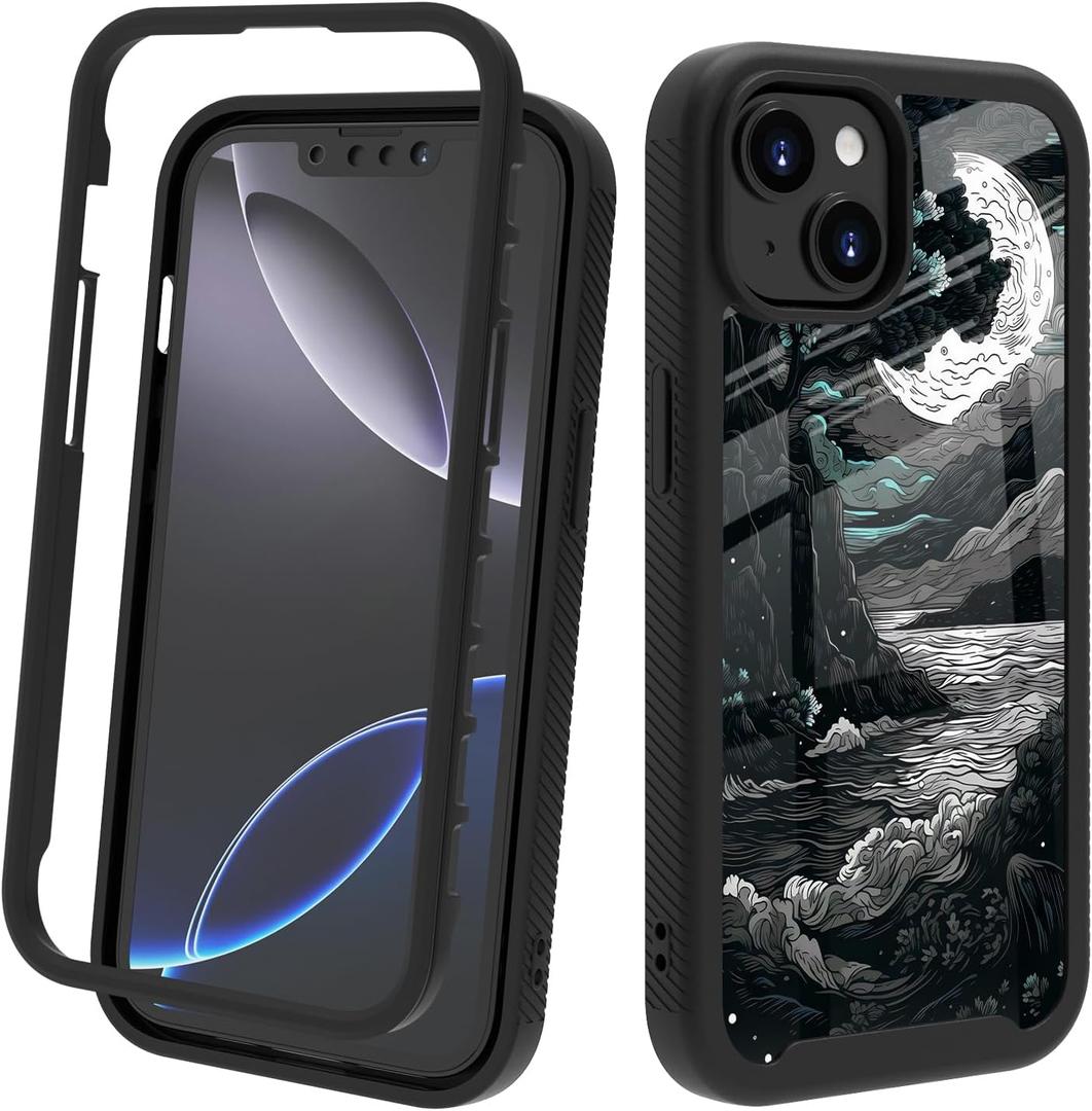 Compatible with iPhone 14 / iPhone 13 Case  Rugged Full-Body Protective Cover for Women Girls Dual Layer Shockproof Bumper, Heavy-Duty Phone Case - Mountain Moon 037