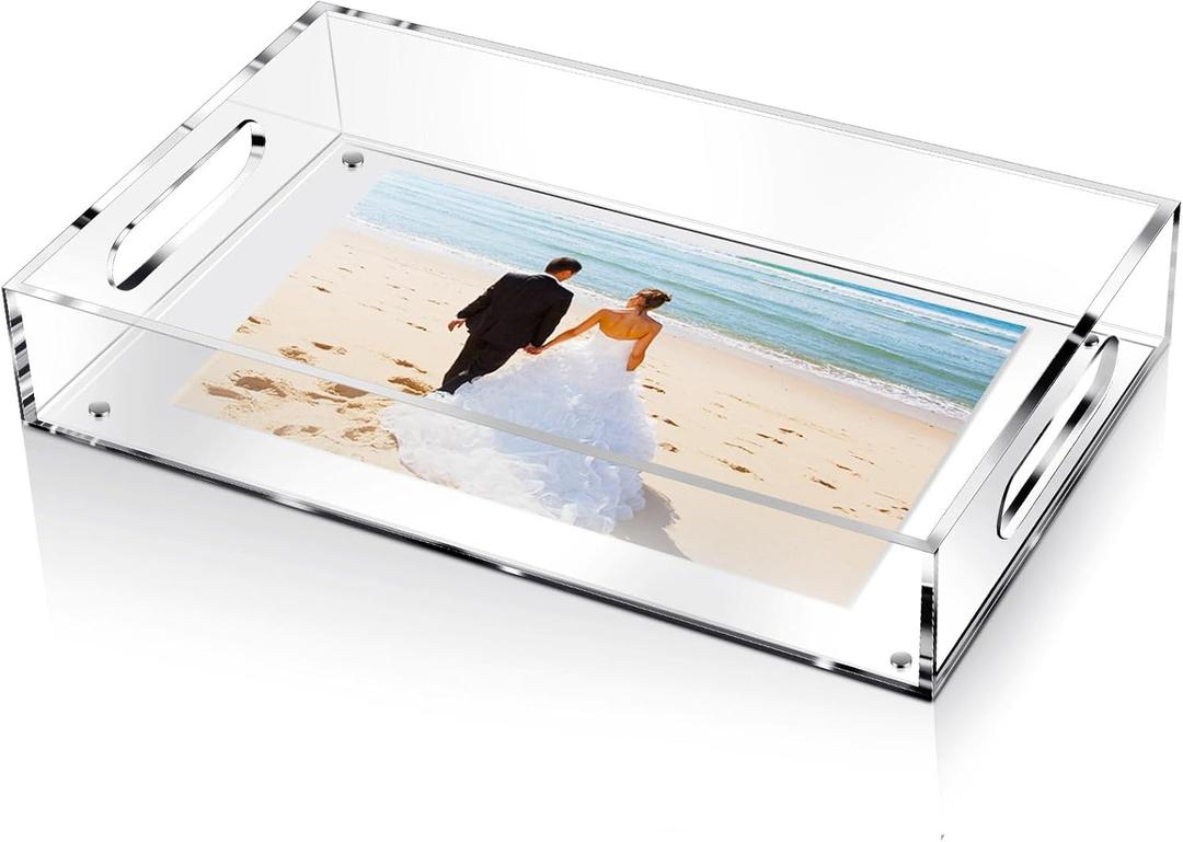 1 Pcs Acrylic Serving Tray with Magnetic Mat Customizable for Photos Artworks Clear Tray for Gifting and Serving Spill Proof Countertop Organizer for Bathroom Home Office (11" X 16.5")