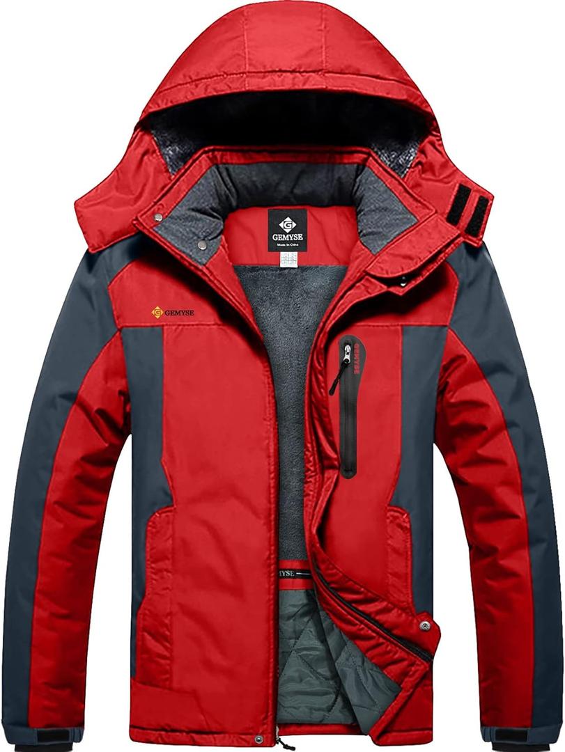GEMYSE Men's Ski Snow Jacket Warm Winter Waterproof Coat Snowboard Rain Jacket Hooded Windproof Windbreaker (Large, Grey Red)