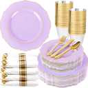 Liacere 350PCS Purple Plastic Plates - Disposable Lavender Plates 50guest Plastic Dinnerware include 100Light purple Plates,50Pack Pre Rolled Napkins Silverware 50Cups for Valentines DayEaster Day