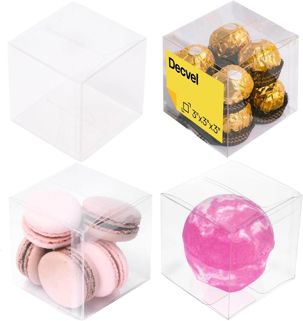 3x3x3 inches Clear Favor Boxes (50 Pack) - Plastic Clear Boxes for Treats, Mini Gift, Small Candy - Macaron Box - Wedding, Party Favor Box