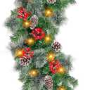 6 Ft by 10 Inch Pre-lit Artificial Christmas Garland with 30 Warm Lights Timer Battery Operated 150 Snowy Bristle Pine Branches 56 Red Berries 8 Pinecones Xmas Decor for Home Indoor Mantle Fireplace