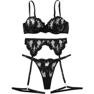 Lilosy Sexy Leaf Floral Embroidered Mesh Sheer Women Underwire Push Up Lingerie Set (Black, L)