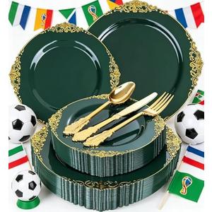 Joyido 125PCS Green Plastic Plates - Green and Gold Disposable Plates - Fancy Vintage Plate with Gold Plastic Silverware Set for 25 Guests for Party Wedding Holiday World Cup 2026