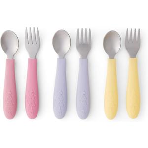 Elk and Friends Kids Silverware with Silicone Handle | Childrens Safe Flatware | Toddler Utensils | Baby Spoons + Forks | Stainless Steel Cutlery | Dishwasher Safe | 6 Pieces (Blush/Lilac/Lemon)