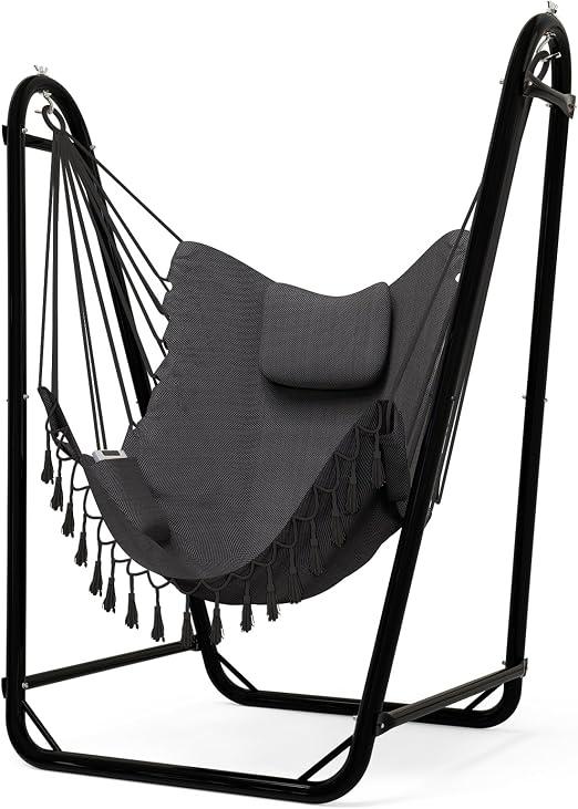 Unique U-Shaped Hammock Chair with Stand, Sturdy & Rust-Resistant, Free Gray Cotton Hammock Chair,  Product Dimensions 40"L x 7.8"W Maximum Weight Recommendation 350 pounds