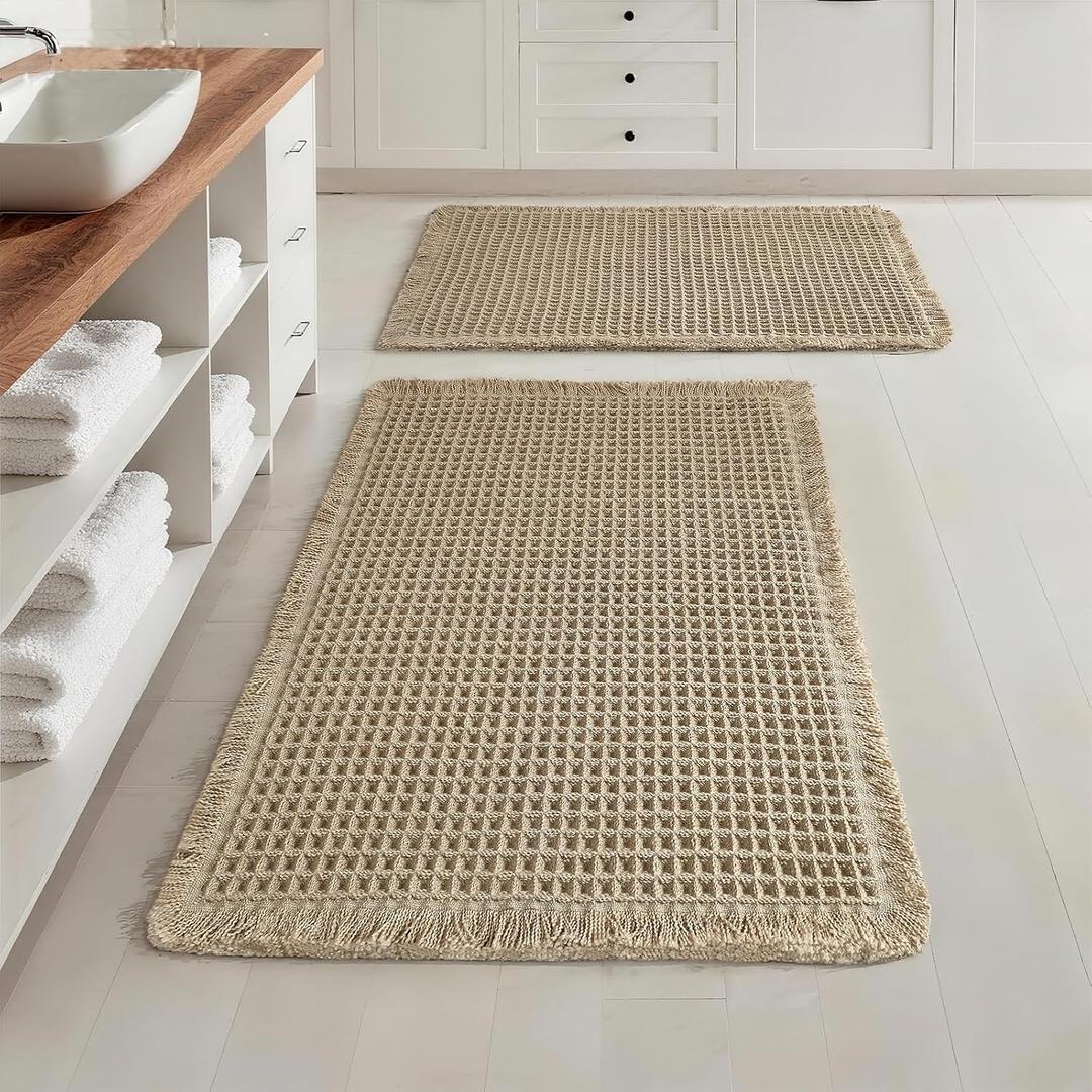 Set of 2 Waffle Bathroom Rugs, Super Absorbent Boho Bath Mats, Non-Slip Shower Mats for Bathroom Floor and Tub, Ultra Soft Waffle Weave Runner Mat, Quick Dry, Brown, 17x24+18x30 Inch