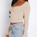 Women Sweetheart Neckline Basic Fitted Tops Long Sleeve Going Out Crop Tops Ruched T Shirts (Brown, M)