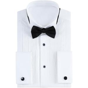 Gollnwe Tuxedo Shirts for Men Wing Collar French Cuff with Cufflinks and Bow Tie (Large, White)