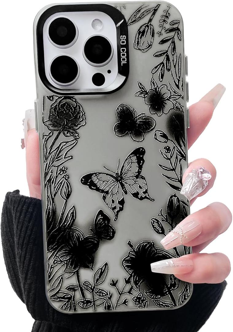 Lovmooful Compatible for iPhone 15 Pro Max Case Cute Cool Flower Floral Butterfly Black Design for Girls Women PC+TPU Shockproof Protective Girly for iPhone 15 Pro Max-Flower&Butterfly