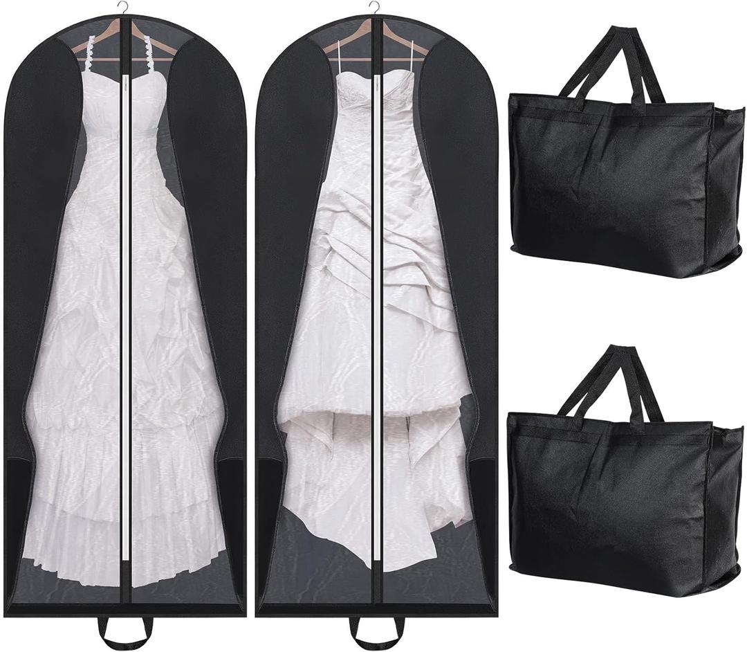 Fabbay 2 Pcs 70" Bridal Wedding Gown Dress Garment Bag Extra Large Long Foldable Portable Travel Covers Garment Bags Hanging Luggage Storage with Pockets for Women's Prom, Gusseted Black