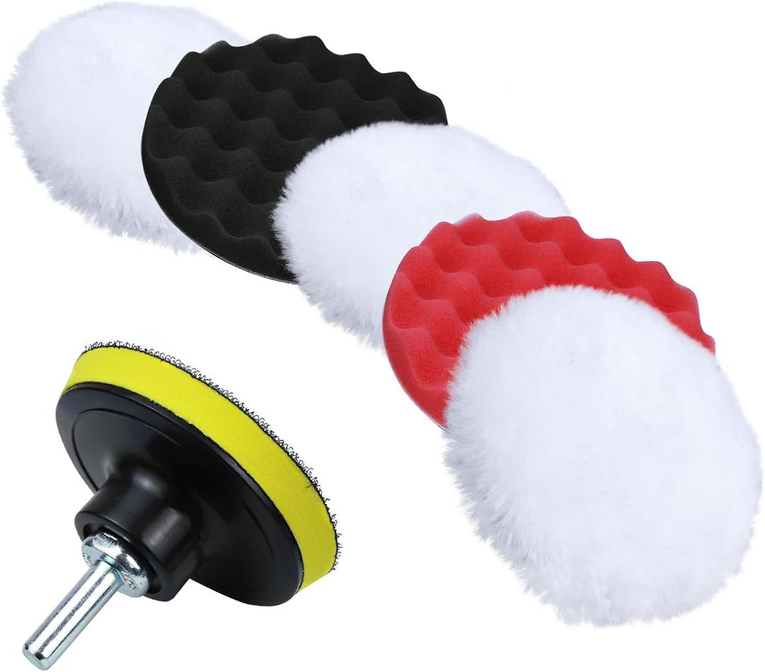 Hovom 7PCS 6 Inch Sponge Wool Polishing Buffing Pad, Wool & Foam Car Buffing Pad Kit with Hook and Loop Back & M14 Drill Adapter, Car Polishing Wheel Pads, Polisher Buffer Drill Attachment (6 Inch)