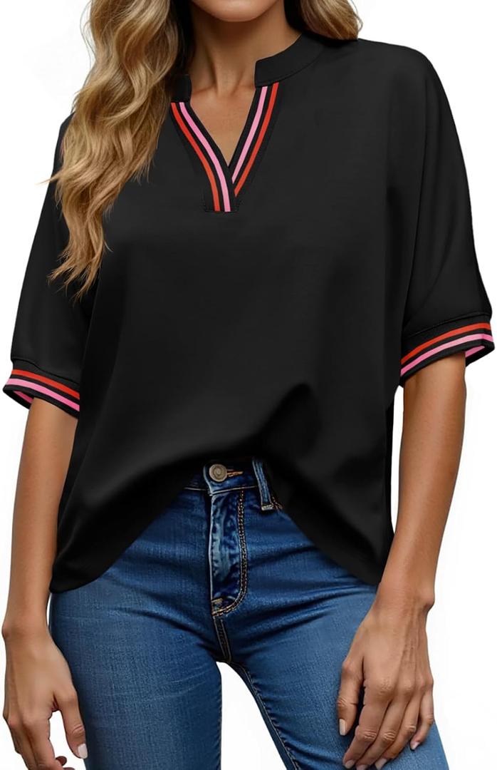 Tankaneo Womens Oversized T Shirt Casual V Neck Half Sleeve Color Block Work Tops Loose Fit Tunic Tees (Black, XXL)