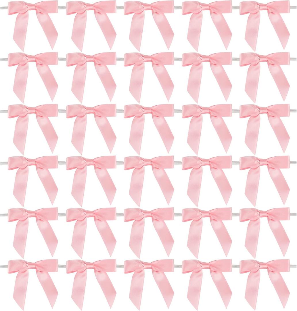 AIMUDI Baby Pink Satin Ribbon Bows 2.5" Pre-Tied Twist Tie Bows for Treat Bags Candies Cake Pops Gift Wrapping Baby Shower Wedding Birthday Party Favors 50 PCs