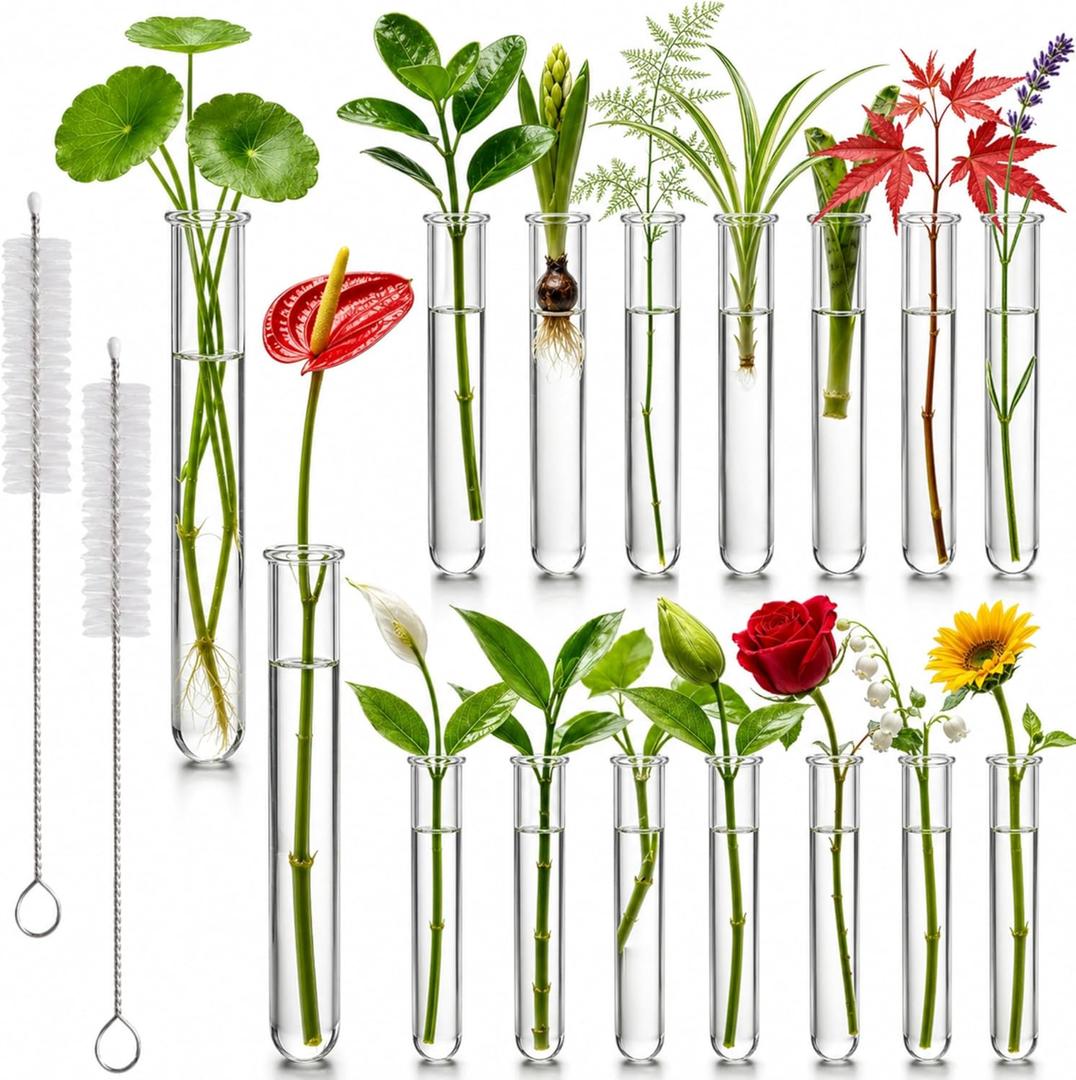 Test Tubes for Plants, 16 Pack 20ml Clear Acrylic Plant Propagation Tubes with 2 Cleaning Brushes, Round Bottom Design, Watch Roots Grow, Home Office Desk Decor, Science Experiments