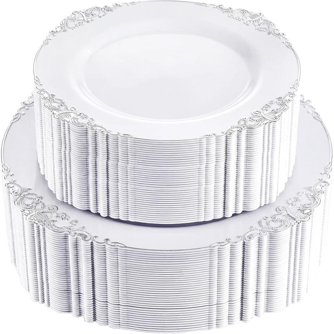 Joyido 102 PCS White and Silver Plastic Plates Heavyweight Silver Plate Wedding Plate with Silver Rim Fancy Dinner & Dessert Plates for 51 Guests Weddings & Parties