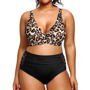 Yonique Womens Plus Size Bikini High Waisted Swimsuits Two Piece Bathing Suits Tummy Control Swimwear (Leopard and Black)