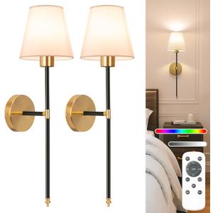NIORSUN Battery Operated Wall Sconce Set of 2, Black-Gold Rechargeable Wall Lights with 5200mAh Dimmable Bulbs and Remote,10 Colors Wireless Wall Lamps for Bedroom Living Room Hallway Decor