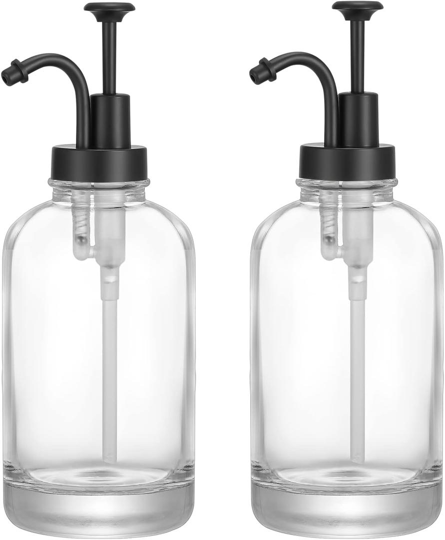 2 Pcs Thick Clear Glass Jar Soap Dispenser with Matte Black Pump, 17 oz Boston Round Bottles Dispenser with Rustproof Pump, Coffee Syrup Dispenser Bar Accessories, Dish Soap Dispenser for Kitchen