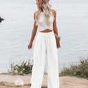 Angerella Women Summer High Waisted Solid White Palazzo Pants Wide Leg Long Lounge Pant Trousers with Pocket, White, 3XL
