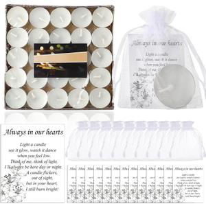 Coume 50 Set Funeral Favors - Tealight Candles, White Candles with Condolence Cards and Organza Bags for Guest Memorial Party (Minimalist)