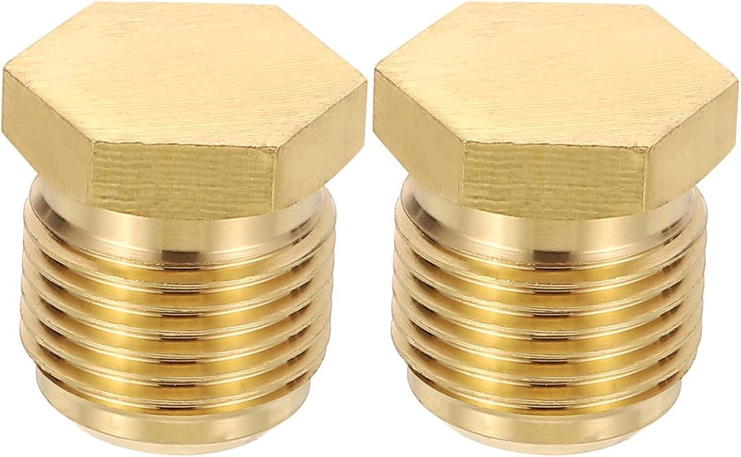 PATIKIL 5/8" Brass Flared Plug, 2 Pack 45 Degree SAE Seal Tube Fitting Hex Pipe Fittings for Air Conditioner Refrigeration, Brass Tone