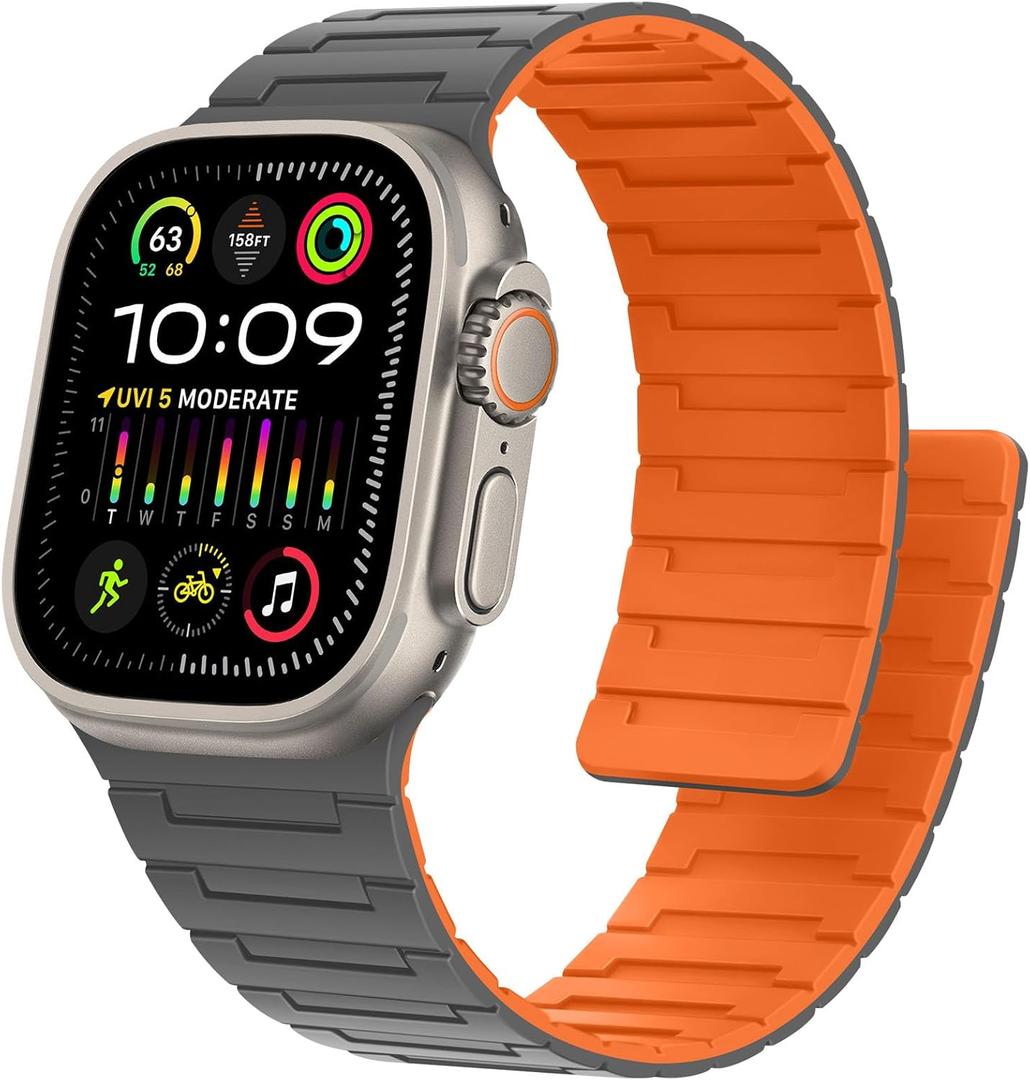 Magnetic Bands Compatible with Apple Watch Band 49/46/45/44/42/41/40/38mm Men Women Silicone Sport Wristband for iWatch Ultra SE Series 11 10 9 8 7 6 5 4 3 (42/44/45/46/49, Grey/Orange)