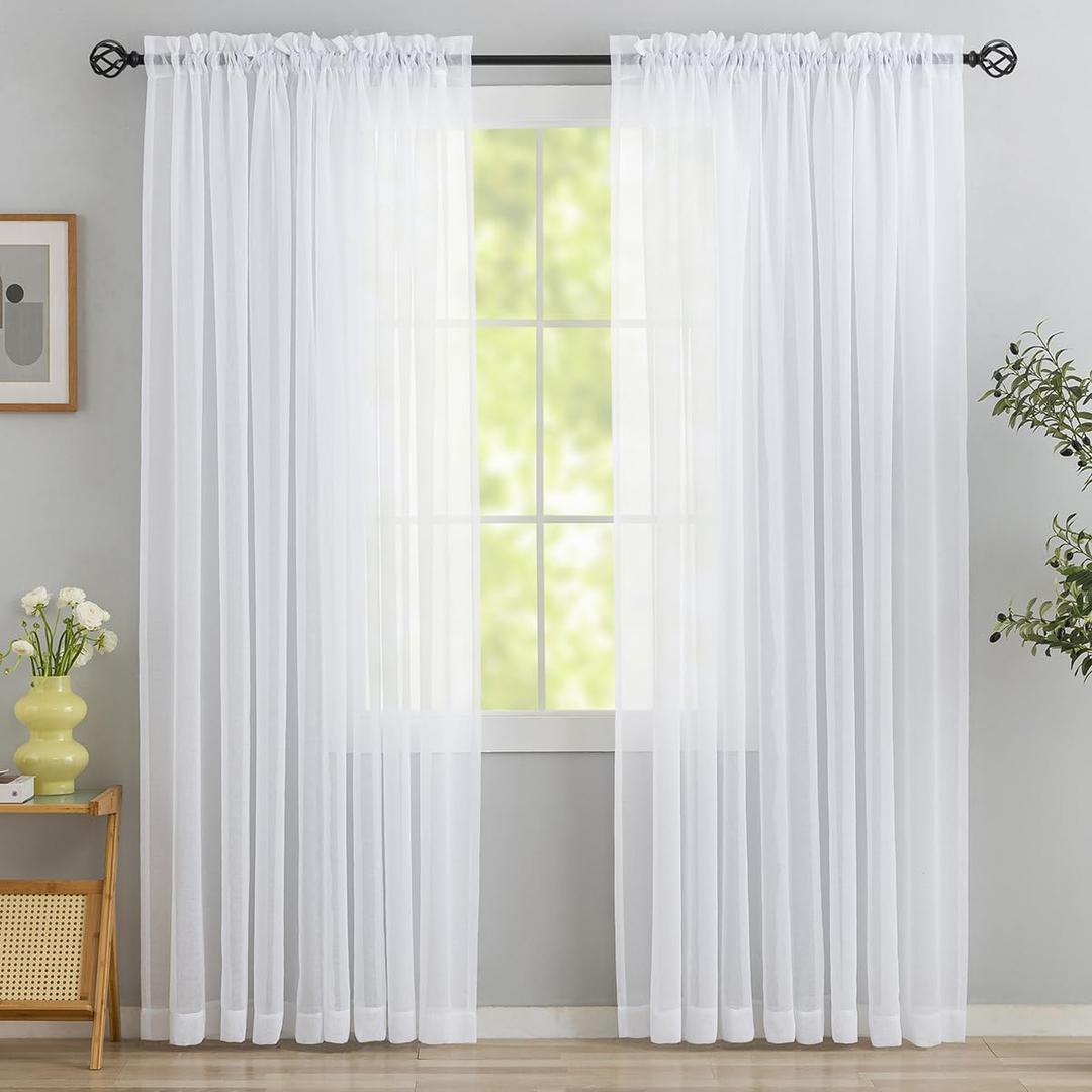 Extra Wide Sheer Curtains White 84 Inches Long, Window Treatments Rod Pocket Volie Drapes for Living Room/Bedroom, 108 IN Width Semi Outdoor Curtain Panels for Patio, Lawn, Garden, 108"x 84", 2 Panels