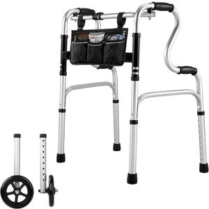 Foldable Walkers for Seniors - Aluminum Stepped Handrail Walker, Height Adjustable Walkers for Seniors, Lightweight Folding Walkers, 2 Wheels with Bearings as an Option, Silver