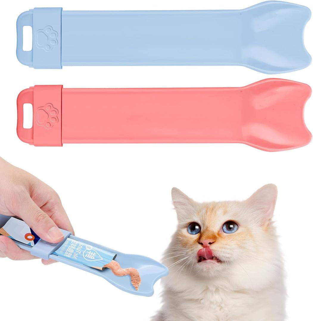 Yummy Sam 2pcs Cat Strip Feeders, Kitten Strip Squeeze Spoon for Wet Food and Liquid Snack, Cat Lickable Puree Treat Food Dispenser Pet Food Mixing Spoon Feeding Scoop for Puppies Small Pets (Blue Pink)