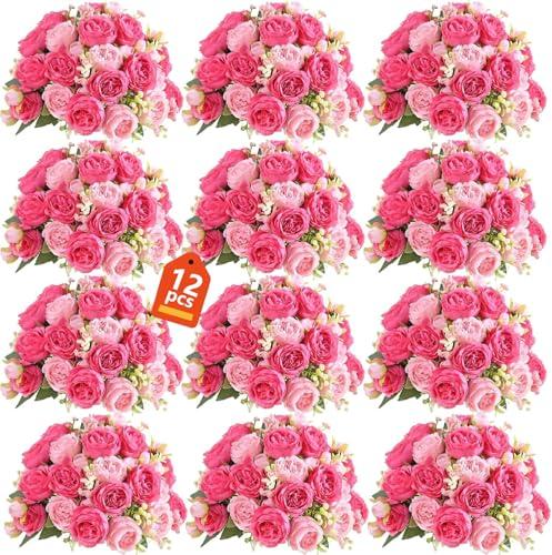 peonies artificial flowers 12 Bundles pink flowers bouquet, Lifelike Silk Fake Peonies with Stems for Home Table Centerpieces, Wedding, Party & DIY Bridal Floral Arrangements (Rose red + pink)