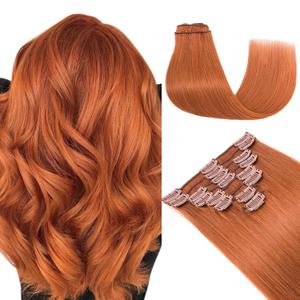 Hairro Clip in Hair Extensions 100% Human Hair, Real Hair Clip on Hairpieces Thin Short Straight 50g Machine Weft 8pcs 18 Clips for Women, 10 Inch Copper Auburn