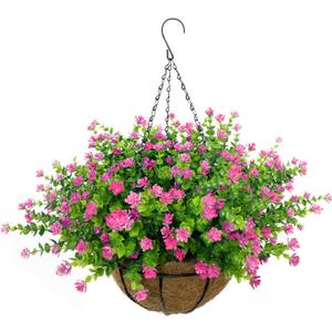 Artificial Hanging Flowers Basket, 12 UV-Resistant Bundles of Realistic Fake Flowers, Faux Plants for Outdoor Decor, Home, Garden, Porch, Patio, Spring & Summer Decorations, Pink