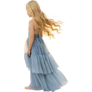 Boho Flower Girl Dress Tulle Backless Layered Ruffle Maxi Dress for Beach Wedding Photoshoot Formal Party Dresses, 12Y