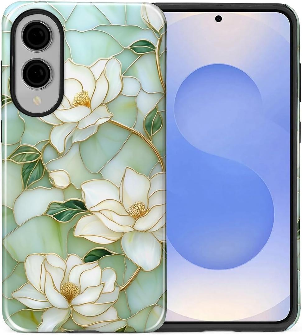 Case Compatible with Samsung Galaxy S25 Edge, Hybrid 2-Layer Hard Shell Protection Case, Shockproof Protective Tough Phone Cover, Blooming Cyan Flowers