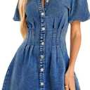 Denim Dress for Women Puff Sleeve Mini Jean Dresses for Women 2025 Summer Casual Denim Dress (Large, Medium Blue)