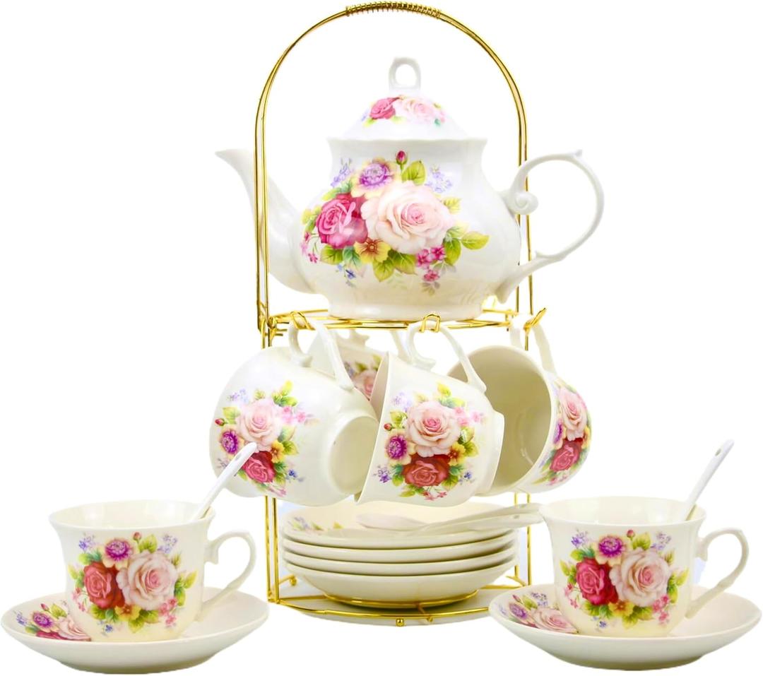 20-Pieces Porcelain Bone china Tea Sets,Gold Rim Coffee Set with Golden Metal Rack,Tea Gift Sets for Home&Party (008)