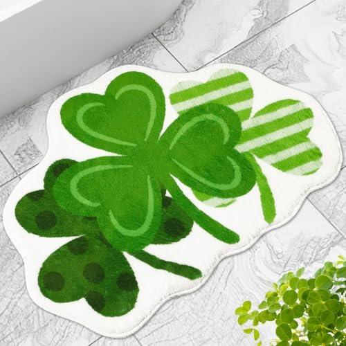 FEBSNOW Happy St. Patrick's Day Green Shamrock Bathroom Rug, Lucky Shamrocks Washable Decorative Doormat, Shamrock Doormat Soft Cashmere Imitation Absorbent Shower Mat with Non Slip for Living Room