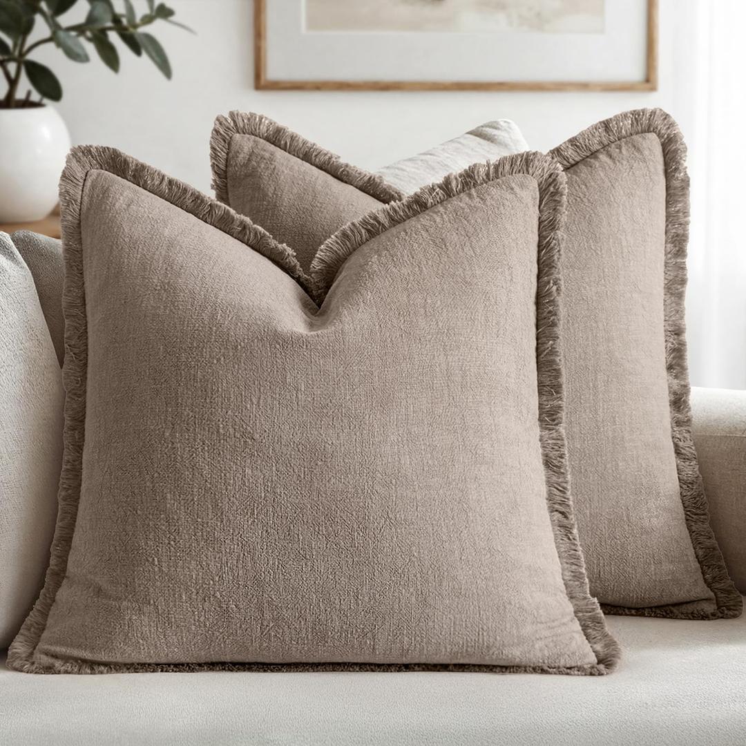 MIULEE Decorative Throw Pillow Covers Neutral Linen Fringe Throw Pillows Euro Shams Set of 2 Dune Boho Farmhouse Cushion Covers for Couch Sofa Bed Living Room Spring Home Decor 26x26 Inch