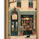 Framed Vintage Book Wall Art Bookstore and Black Cat Painting Canvas Prints Cozy Bookshop Library Bookish Picture Wall Decor Bookworm Reading Nook Poster Artwork for Living Room Bedroom Office (10"L x 8"W)