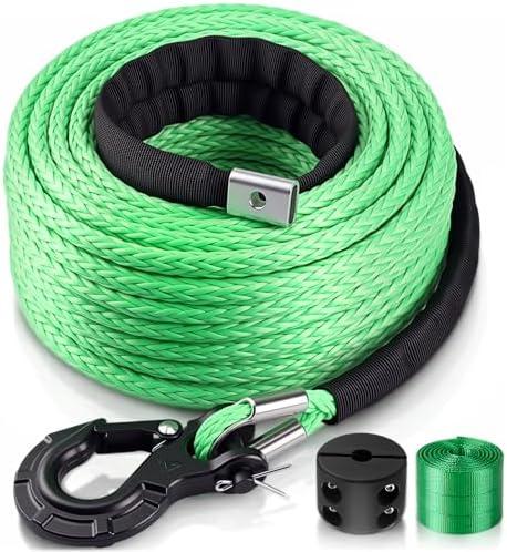 Marsui 1/4" x 100 ft Synthetic Winch Rope Cable Kit, Winch Line with Protective Sleeve Forged Hook Replacement Safety Pull Strap for 4WD Vehicle Truck ATV UTV SUV