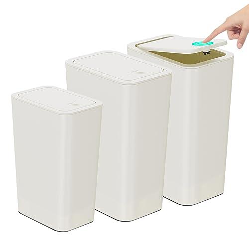 N. NETDOT Bathroom Trash Can with Lid 3 Pack Set,2 Packs 4Gal Slim Kitchen Trash Can and 1 Pack 2.6Gal Garbage Can,Small Trash Bin/Waste Basket for Bedroom,Office(Off White)