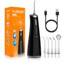 FlossJet Water Dental Flosser Cordless Oral Irrigator with 300ml 5 Tips 4 Modes USBCharger Portable Travle Irrigation Cleaner IPX7 Electric Irrigador Dental for Teeth Cleaning (Black)