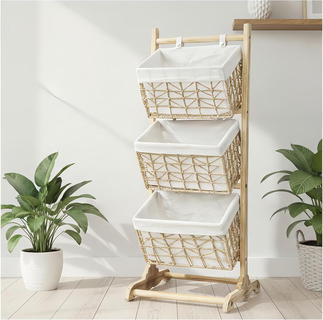 3 tier basket stand wicker storage basket, floor-standing basket organizer rack, Multipurpose Rattan Rack for Bedroom Living Room Kitchen, Holds Clothes Toys Books fruit, Bohemian Home Decor