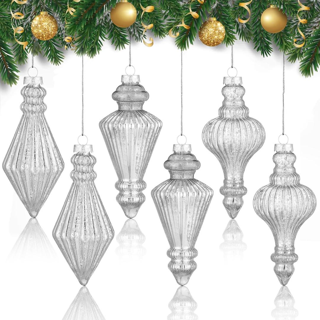 6 Pcs 5.7 inch Mercury Glass Finial Christmas Ornament Rustic Finial Vintage Ornaments Xmas Glass Mercury Hanging Decor Christmas Tree Decoration for Holiday Farmhouse(Silver)